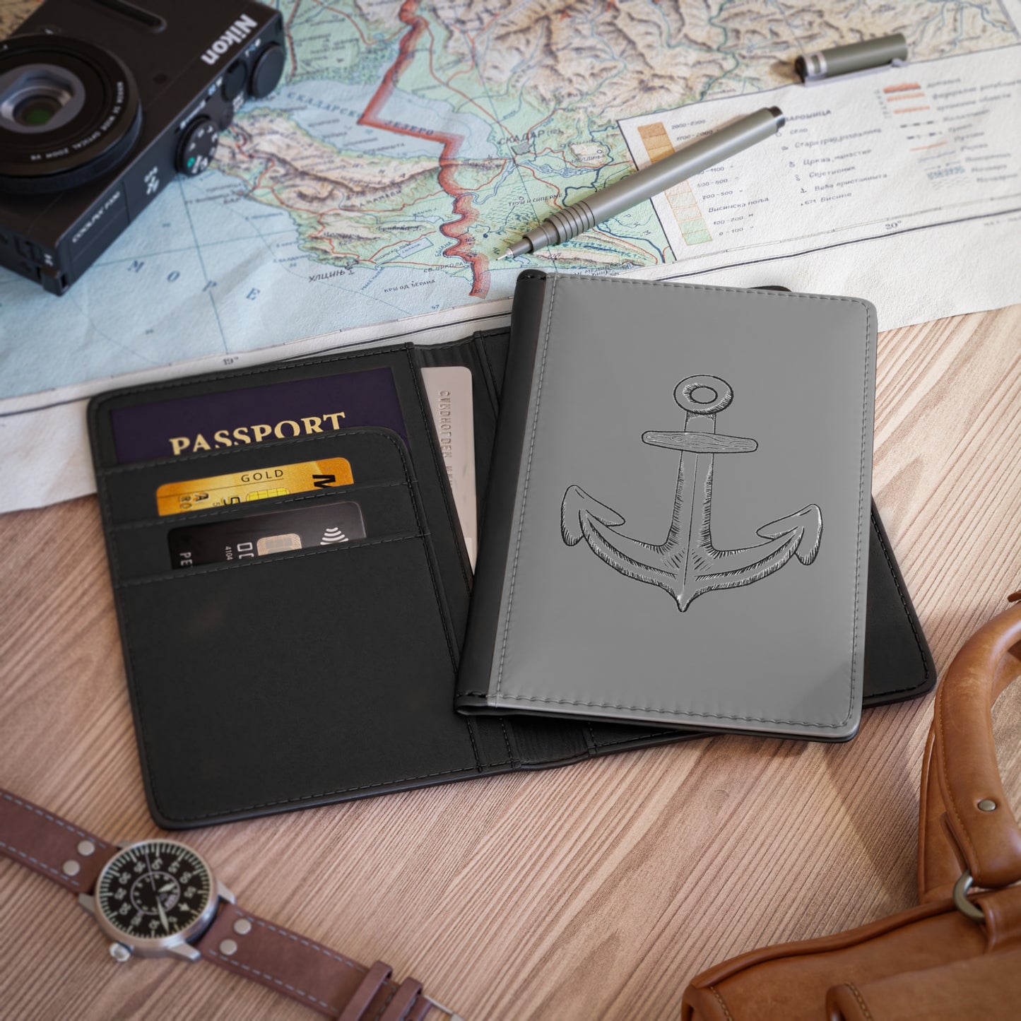 Merchant Marine Credential/Passport Cover - Anchor  - Gray